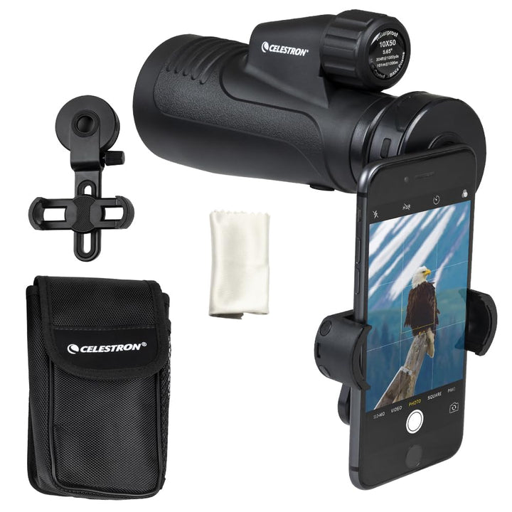 Celestron 72370 Outland X 10x50 Waterproof Monocular with Smartphone Adapter, Bluetooth Remote, Eyep