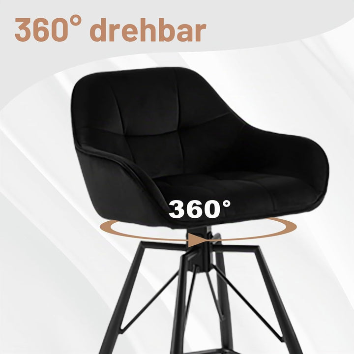 WOLTU Barhocker 2er Set, Barstuhl mit Lehne, Samt, Schwarz | Bistrohocker 360°drehbar, Tresenhocker