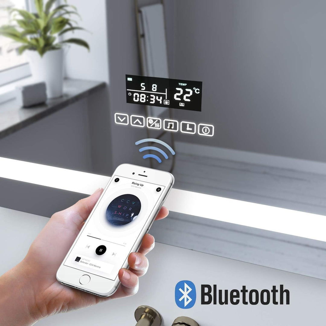 AQUABATOS Brussels-Serie Badspiegel Badezimmerspiegel mit Beleuchtung 80x60 cm Uhr Bluetooth Lautspr
