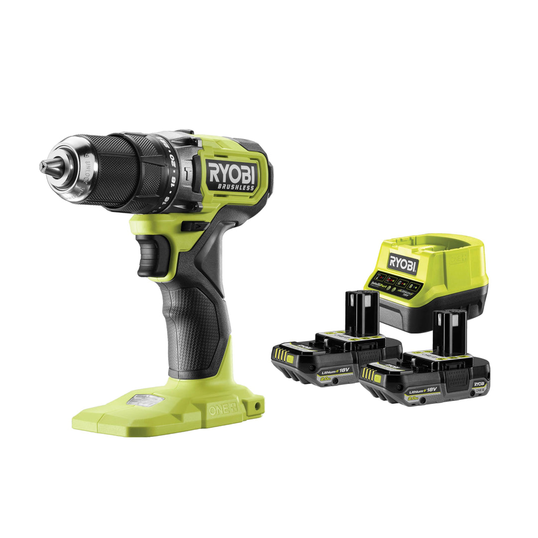 RYOBI 18 V ONE+ Brushless Akku-Schlagbohrschrauber, 54 Nm Drehmoment, inkl. 2x 2,0 Ah Akku und 2,0 A