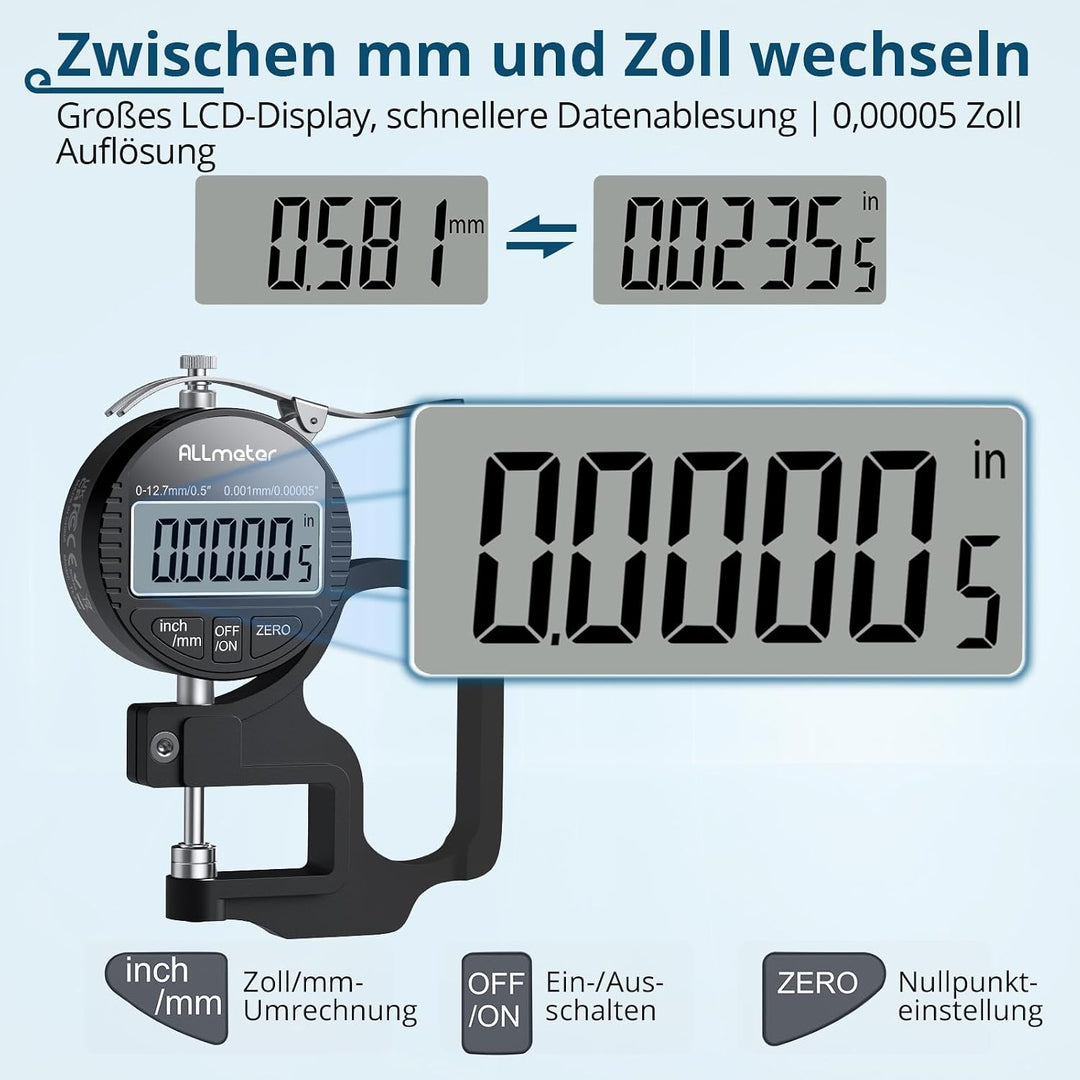 Digitales Dickenmessgerät 0-12,7mm, 0,001mm/0,00005'' Präzisions-LCD Messgerät für Leder, Papier, St