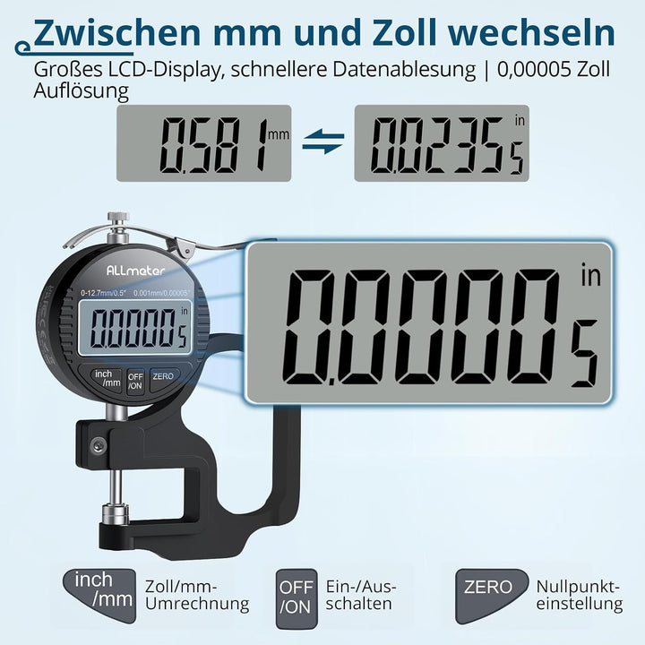 Digitales Dickenmessgerät 0-12,7mm, 0,001mm/0,00005'' Präzisions-LCD Messgerät für Leder, Papier, St