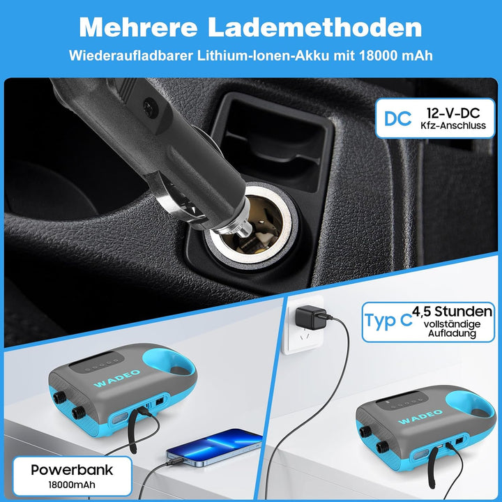 WADEO SUP Pumpe elektrisch [18000mAh], 20 PSI Hochdruck SUP Luftpumpe Akku mit LED-Licht, 110 V AC/1