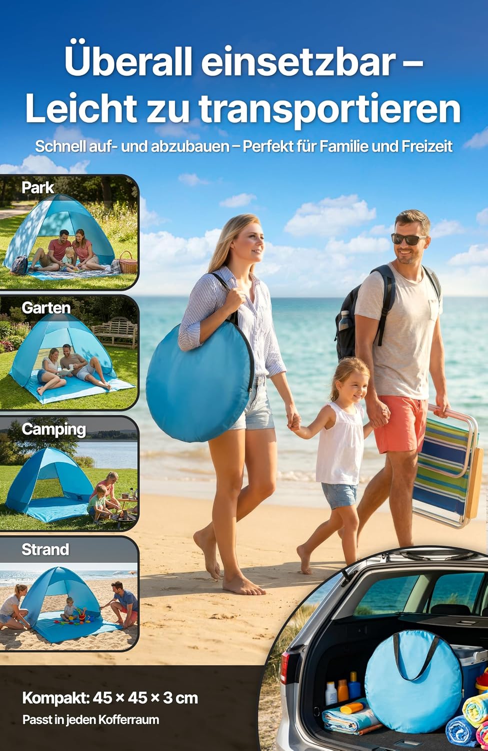 4smile Pop Up Strandmuschel mit UV-Schutz 50+, Strandzelt für 2-3 Personen, Windschutz &amp; Sonnenschut
