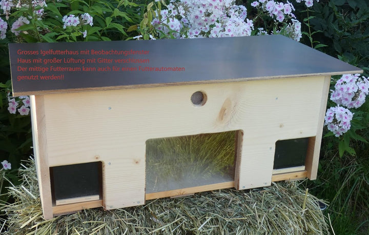 Igelfutterhaus mit Beobachtungsfenster 80cm x 40cm x 32cm Igelhotel 18mm Vollholz Witterungsbeständi
