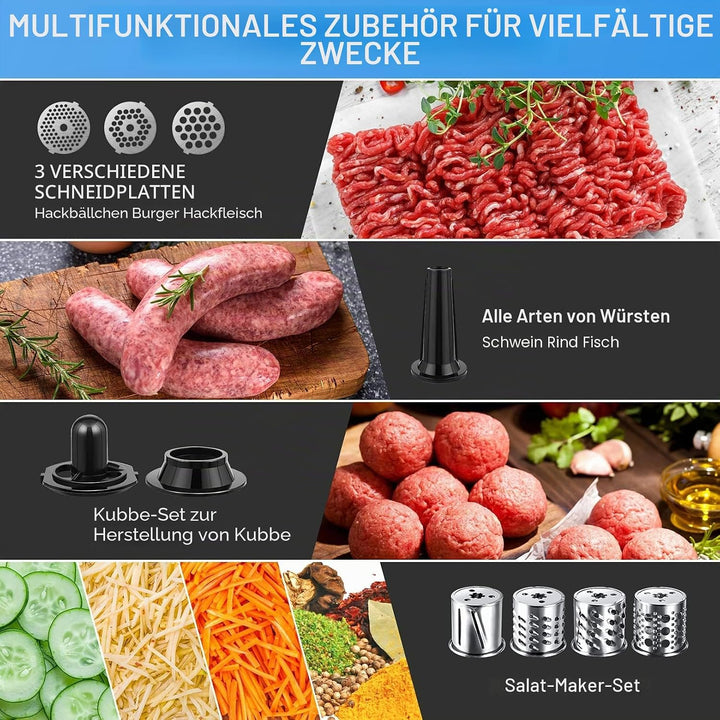 Elektrischer Fleischwolf 2000W Profi, Multifunktions Küchenmaschine mit Wurstfüller, Edelstahlklinge