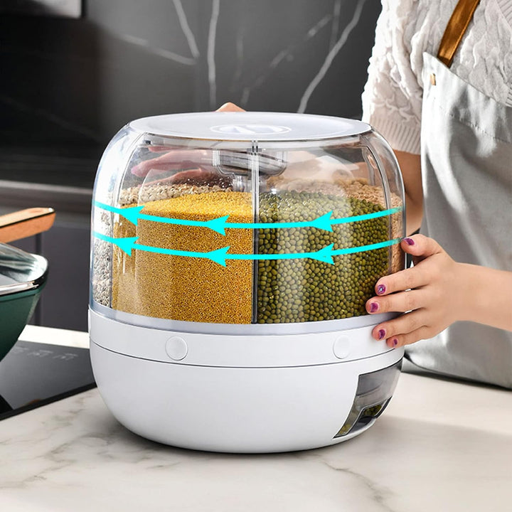 Rundspender für Trockenfutter, 360° Drehbarer Getreidespender Luftdichte Vorratsbehälter 6 In1 Küche