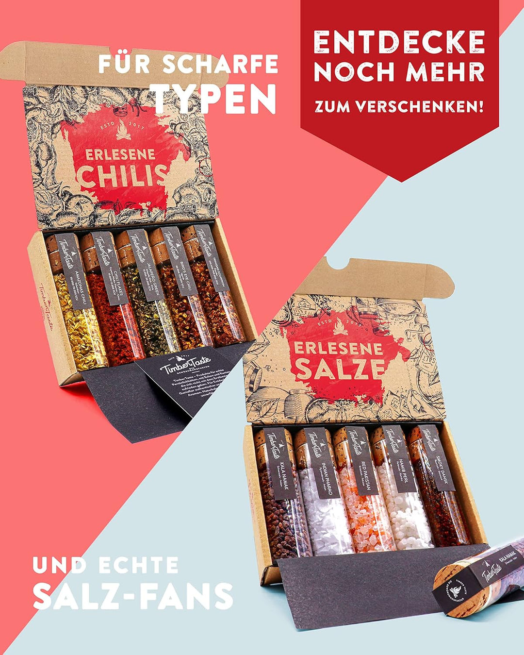 TIMBER TASTE® Grill Gewürze Geschenkset Frauen & Männer | 5 erlesene BBQ Grillgewürze inkl. Rezepte