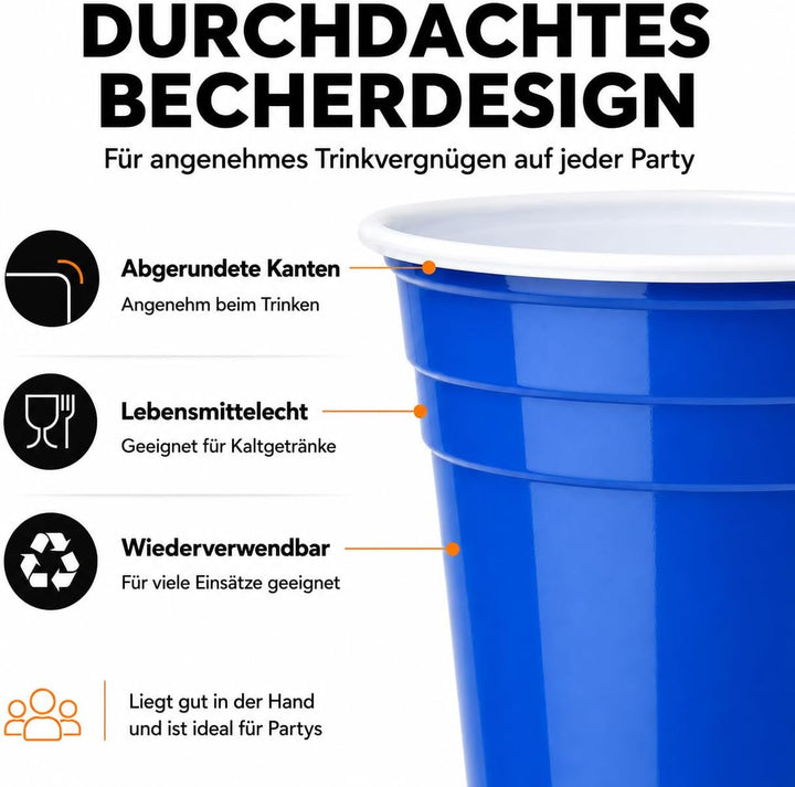MYBEERPONG® Blaues Bierpong Becher Set: 100 Blue Cups (Markierung 0,4l + 0,5l) + 6 Beer Pong-Bälle -