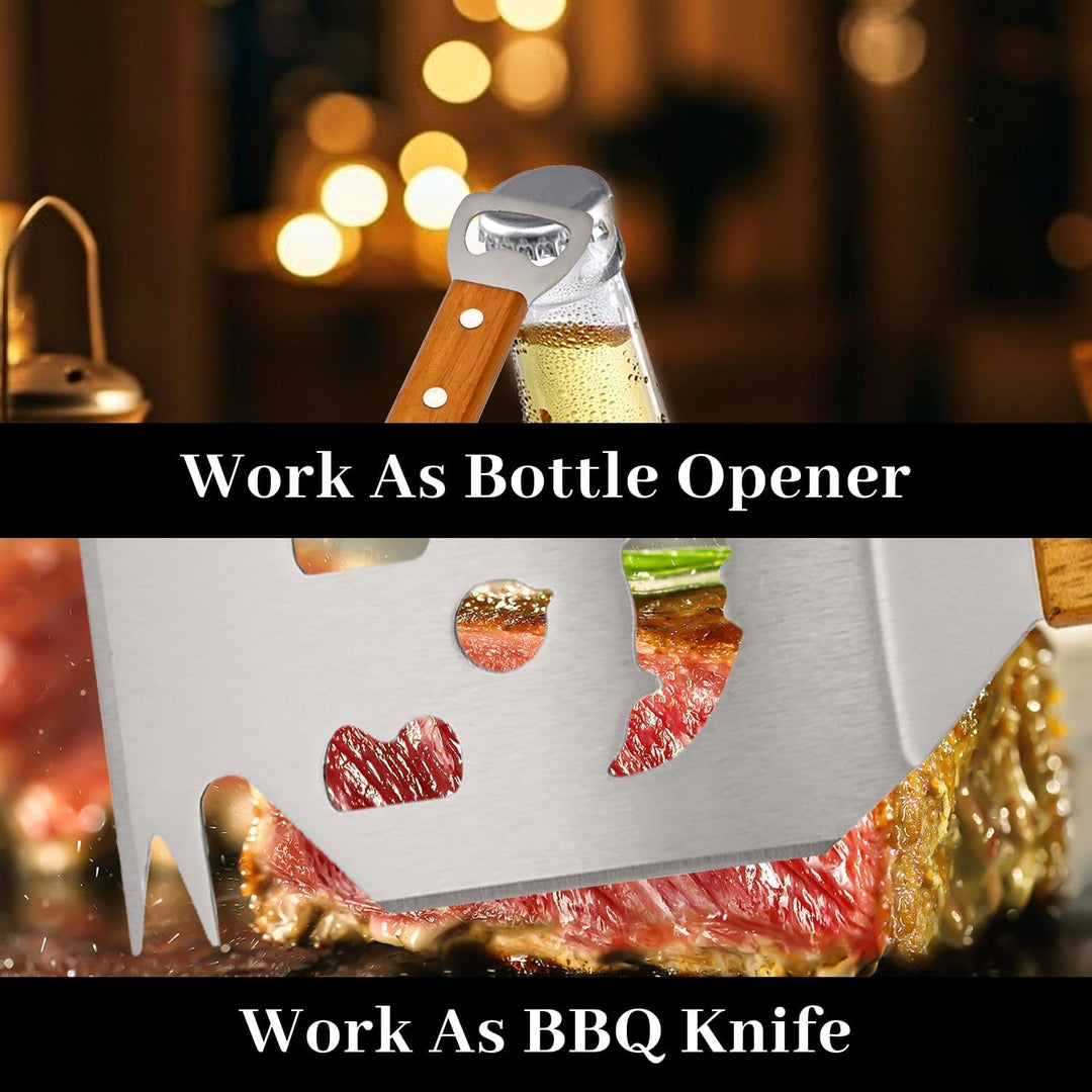BBQ Grillwerkzeug-Set, 17 Zoll Edelstahl-Wender mit Flaschenöffner, Holzgriff BBQ-Zubehör für das Gr