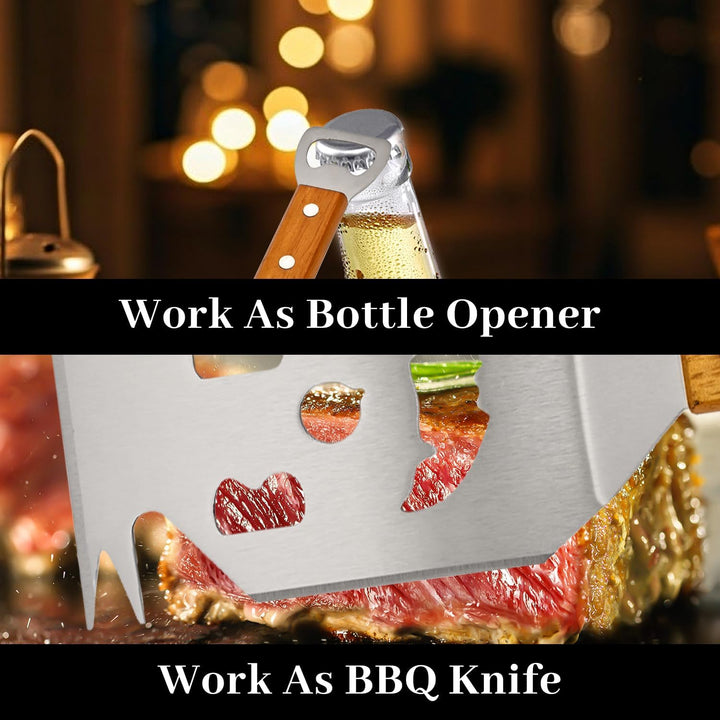 BBQ Grillwerkzeug-Set, 17 Zoll Edelstahl-Wender mit Flaschenöffner, Holzgriff BBQ-Zubehör für das Gr