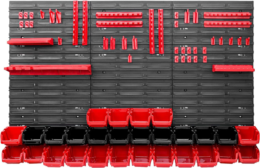 Lagersystem Werkstattregal | 117 x 78 cm | 28 stck. Box | Wandregal mit Werkzeughalterungen und Stap