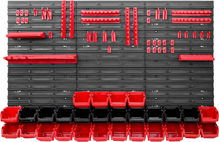 Lagersystem Werkstattregal | 117 x 78 cm | 28 stck. Box | Wandregal mit Werkzeughalterungen und Stap