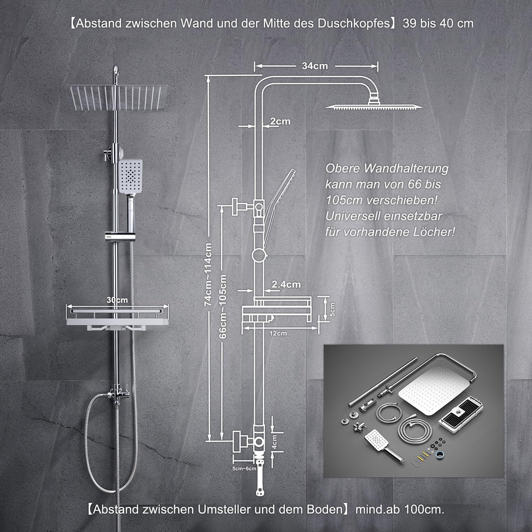 JOHO Regendusche Duschsystem ohne Duscharmatur Chrom Duschset mit Ablage, Duschkopf, Duschstange, Du
