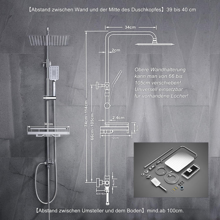 JOHO Regendusche Duschsystem ohne Duscharmatur Chrom Duschset mit Ablage, Duschkopf, Duschstange, Du