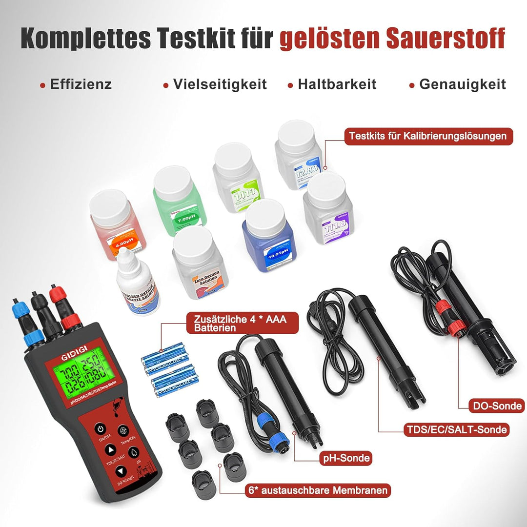 Messgerät für gelösten Sauerstoff für Wasser, 6-in-1 Smart DO, pH, Salzgehalt, TDS, EC, Temperatur,