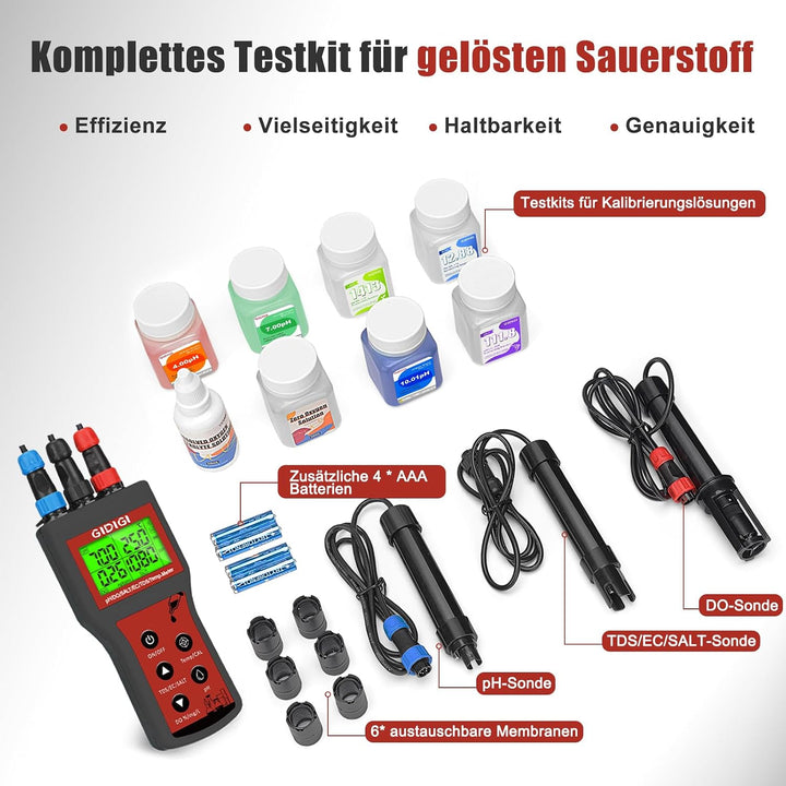 6-in-1 Smart-Gerät zur Messung von gelöstem Sauerstoff | pH-Wert, Salzgehalt, TDS und EC auch für Hy