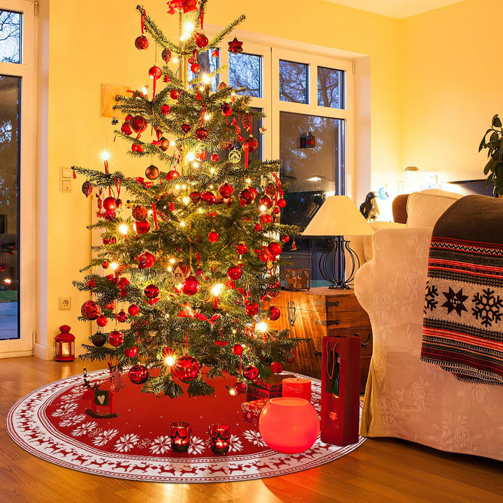 Dremisland Grosse Weihnachtsbaum Rock, 122cm Rot Gestrickte Christbaumdecke mit Schneeflocken Rentie