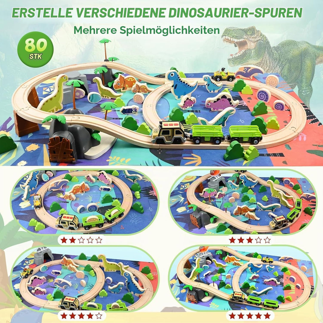 Holzeisenbahn Set, Dino Bahn Schienen mit Zug, Schnecke, Dinosaurier und Dinosaurier-Eiern, Eisenbah