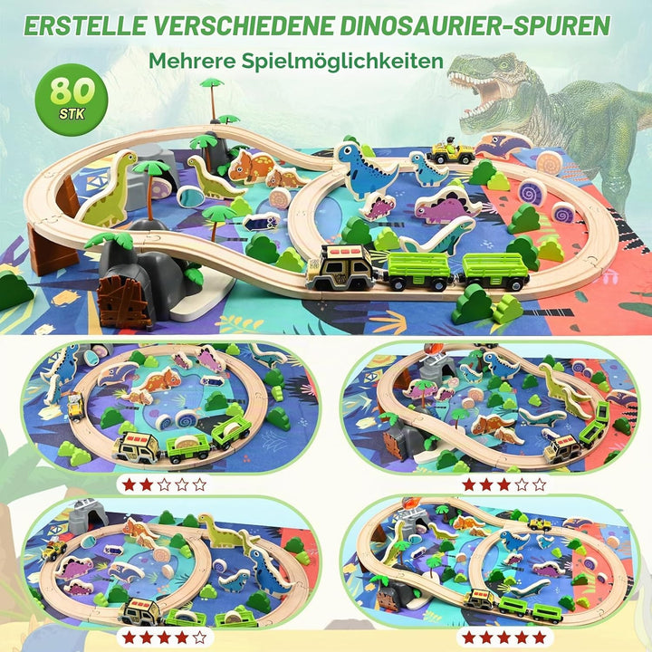 Holzeisenbahn Set, Dino Bahn Schienen mit Zug, Schnecke, Dinosaurier und Dinosaurier-Eiern, Eisenbah