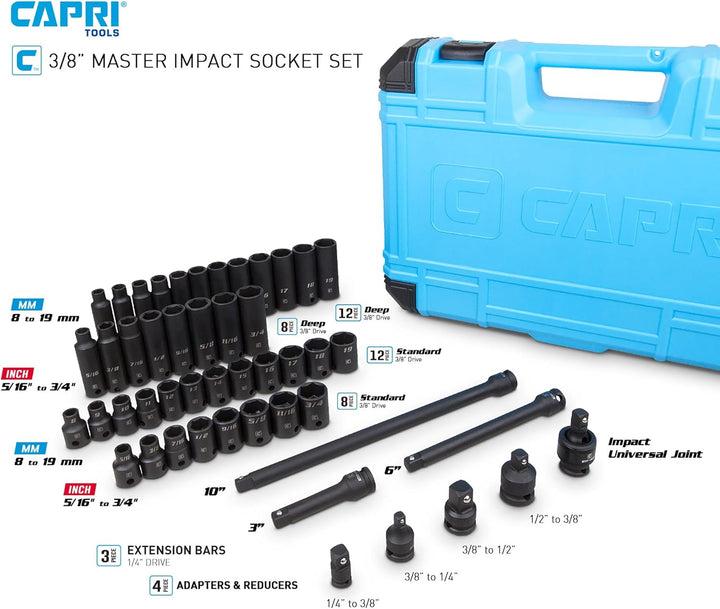 Capri Tools 3/8" Drive Master Impact Steckschlüsselsatz mit Adaptern und Verlängerungen, Premium Chr