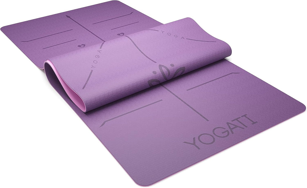 YOGATI Yogamatte rutschfest Schadstofffrei, mit Tragegurt. Yoga Matte mit Ausrichtungslinien. Ideal