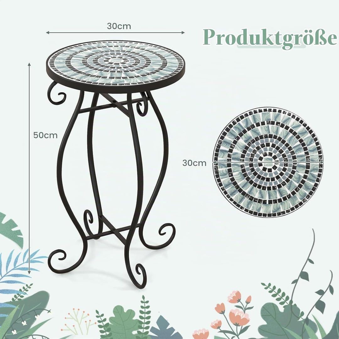 HOMASIS Gartentisch Beistelltisch mit Mosaik-Muster, Pflanzenständer mit runder Tischplatte aus Meta
