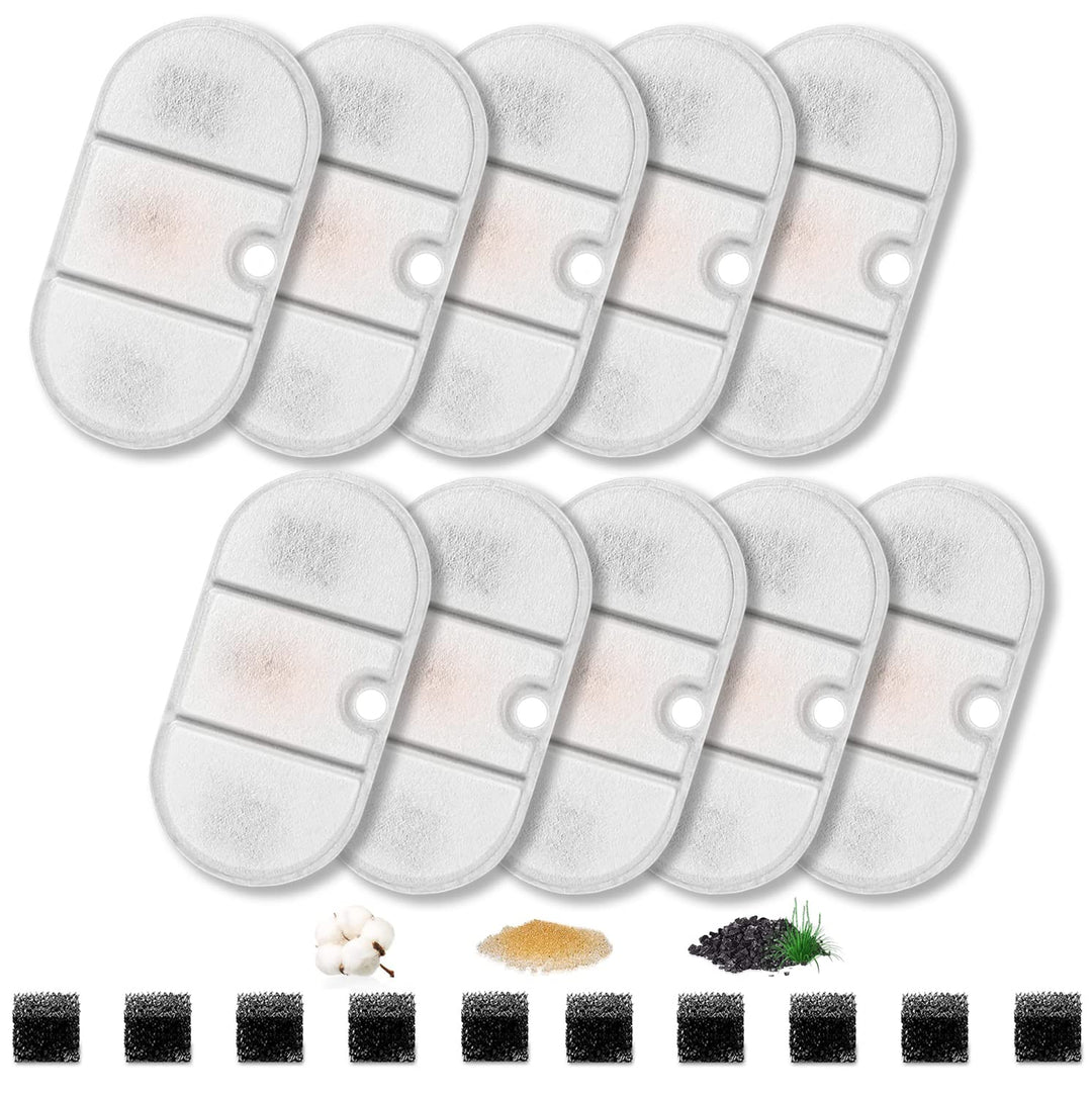 10 Set Ersatzfilter für Trinkbrunnen, Katzenbrunnen 10 Stück Kohlefilter und 10 Stück Schaumfilter f