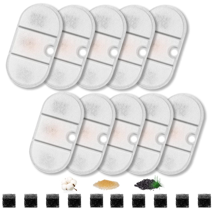 10 Set Ersatzfilter für Trinkbrunnen, Katzenbrunnen 10 Stück Kohlefilter und 10 Stück Schaumfilter f