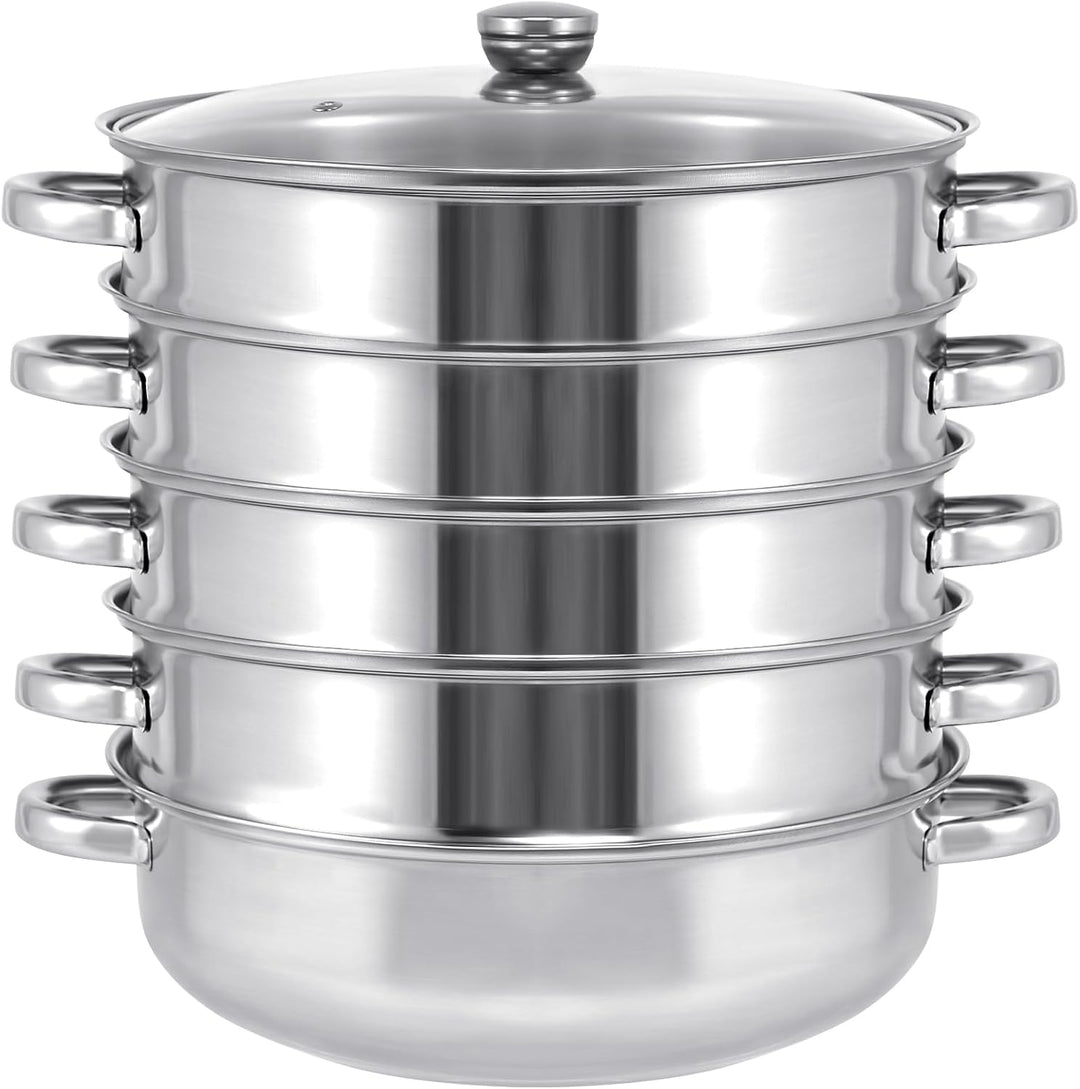 5-stöckiger Dampfgarer aus Edelstahl (30 cm) mit Glasdeckel, Edelstahldampfgarer Topf Töpfe, Indukti