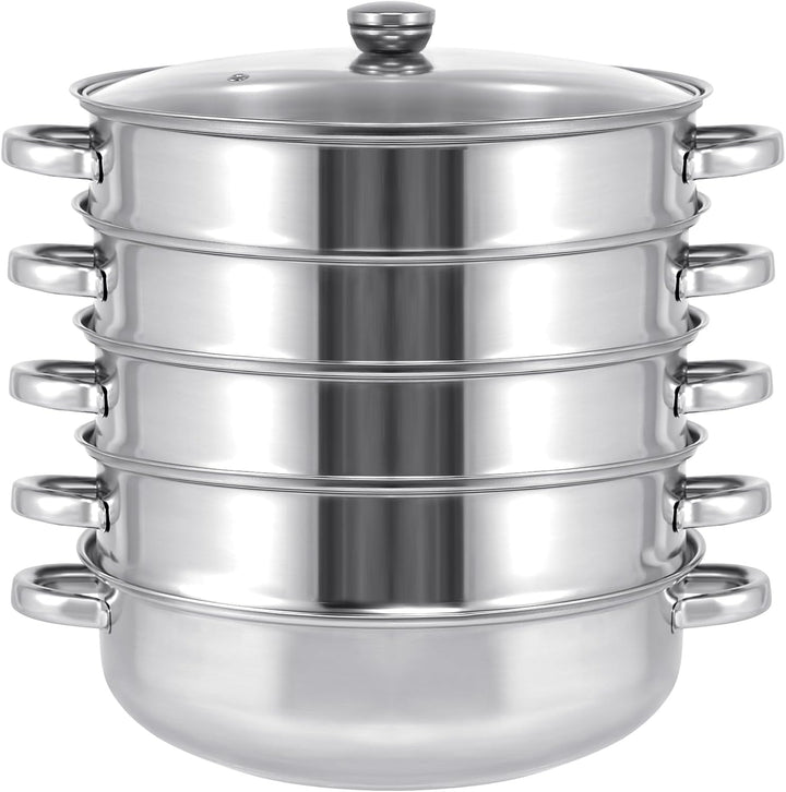 5-stöckiger Dampfgarer aus Edelstahl (30 cm) mit Glasdeckel, Edelstahldampfgarer Topf Töpfe, Indukti