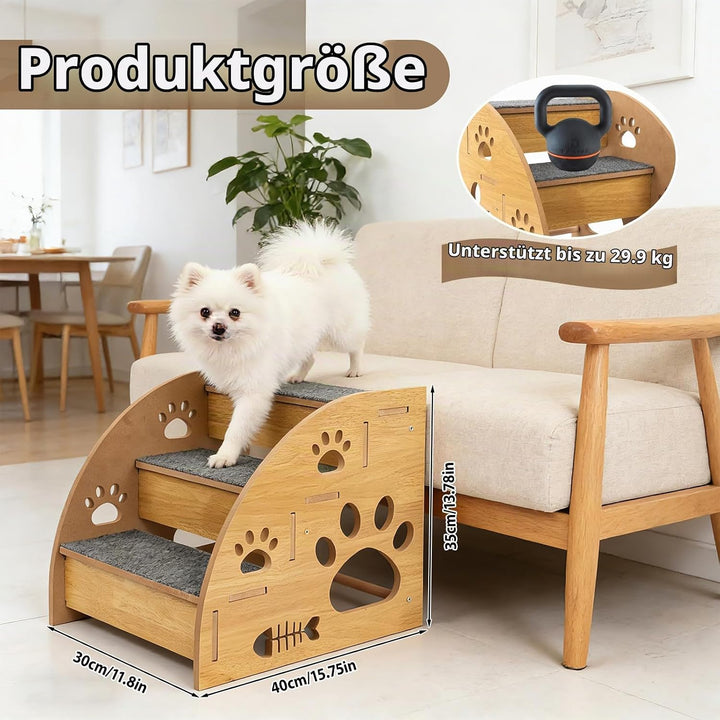 Hundetreppe für Kleine Hunde, Holz Haustiertreppe 3 Stufen Hunderampe für Bett Sofa Balkon, Stabi Ru