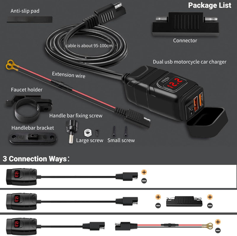 Kriogor Dual USB Motorcycle Car Charger, 3.0 Quick Charger and 6-30 V LED Voltmeter with Independent