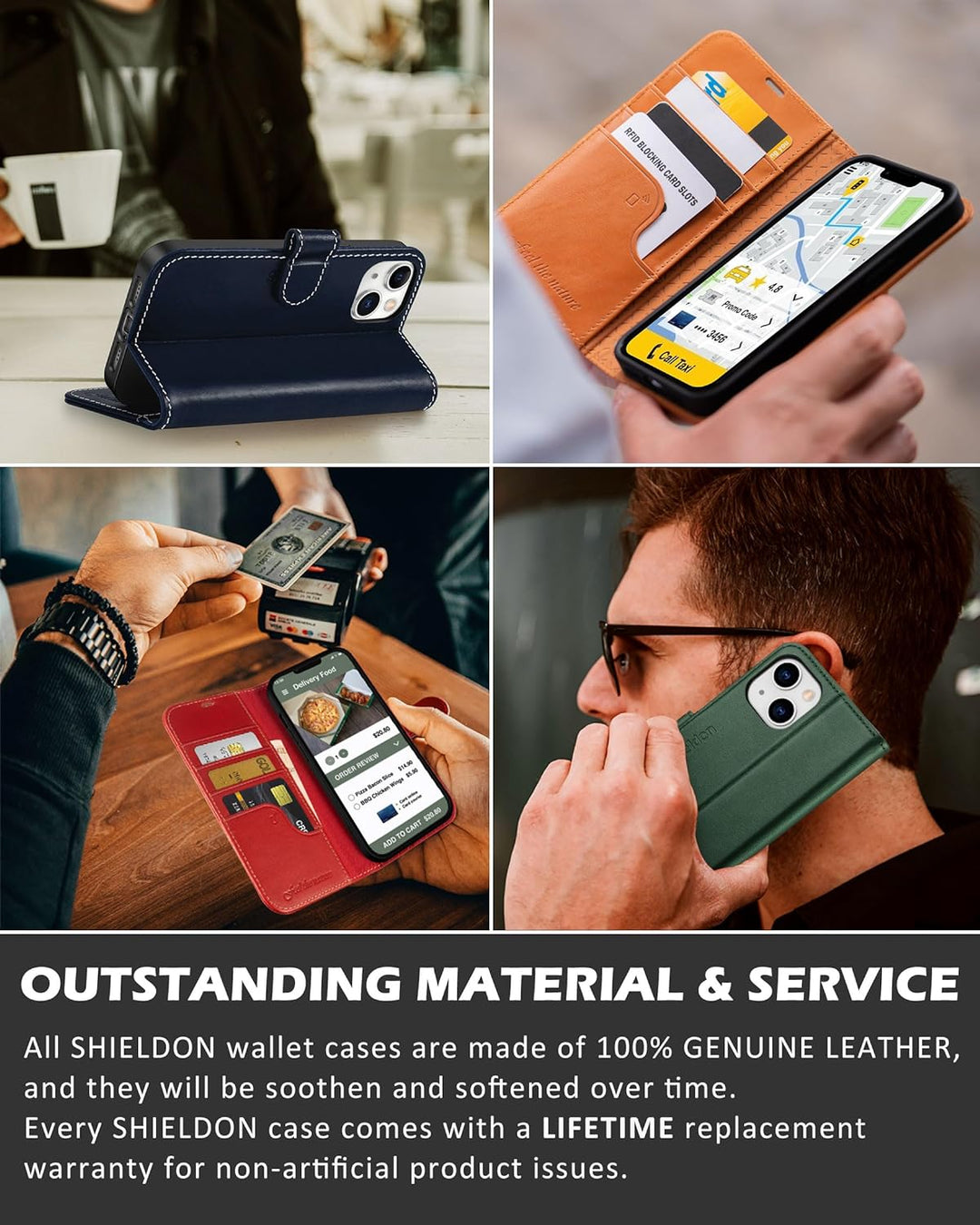 SHIELDON Hülle für iPhone 14 Plus 5G Schutzhülle [Echtleder] [Standfunktion] [Kartenfach], TPU Magne