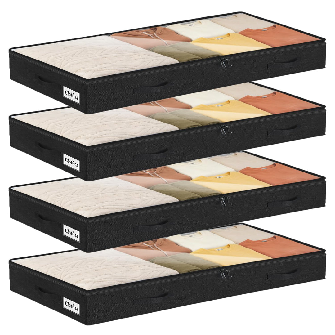 4 Stück Unterbett Aufbewahrungsbox,10cm hoch Unterbettkommode mit klarem Deckel, Faltbare Kleiderauf