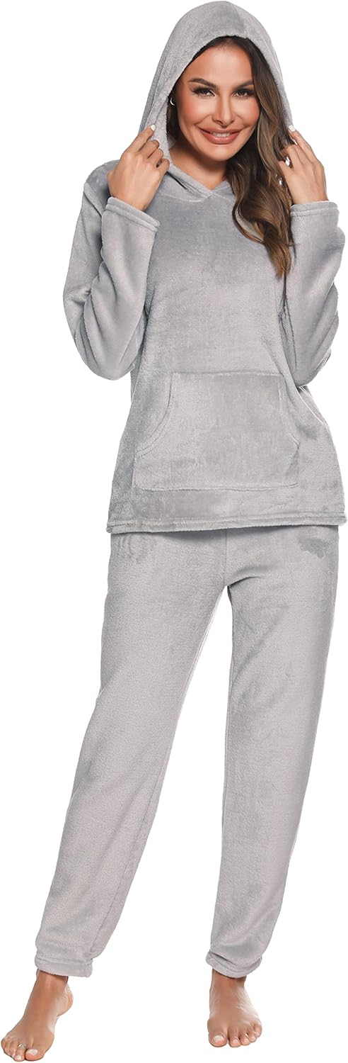 Lovasy Fleece Schlafanzug Damen Winter Lang Pyjama Set Warmer Flauschiger Frottee Schlafanzüge für D