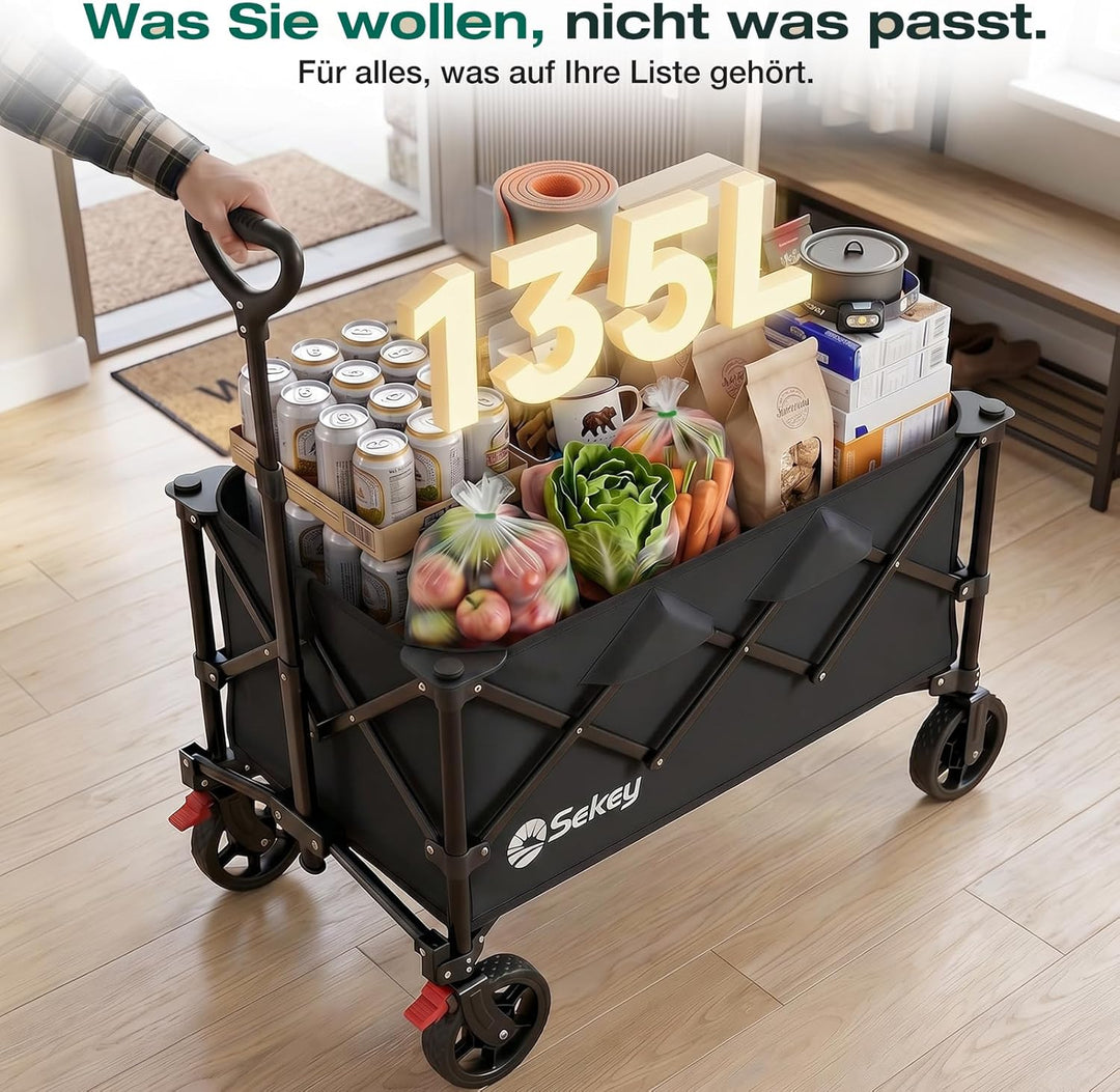 Sekey Bollerwagen Faltbar 135L 150KG Belastbar, Transportwagen klappbar mit Geländereifen mit Bremse
