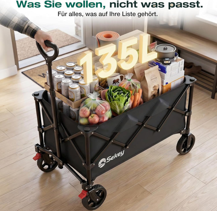 Sekey Bollerwagen Faltbar 135L 150KG Belastbar, Transportwagen klappbar mit Geländereifen mit Bremse