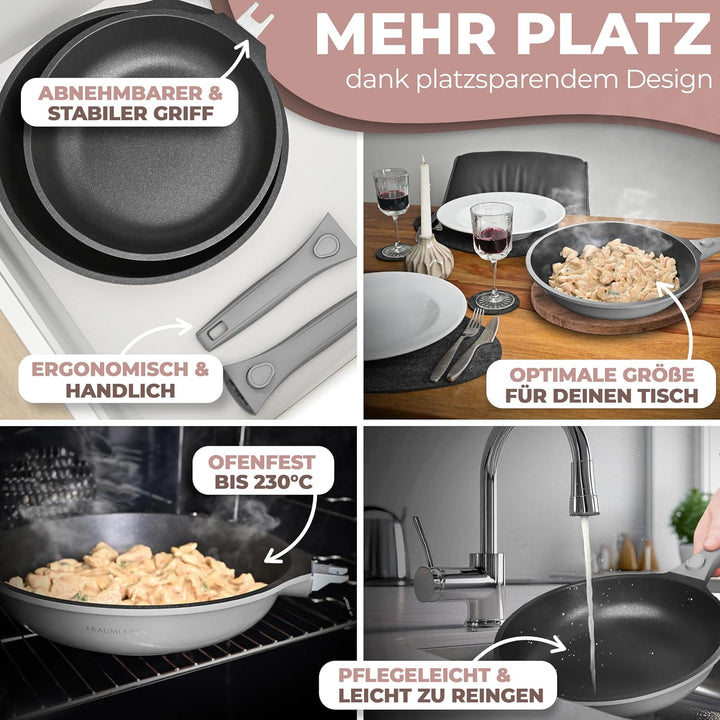TRAUMLEBEN NEU Bratpfanne 28 cm mit abnehmbarem Griff, Antihaftbeschichtung, PFOA frei, für Induktio