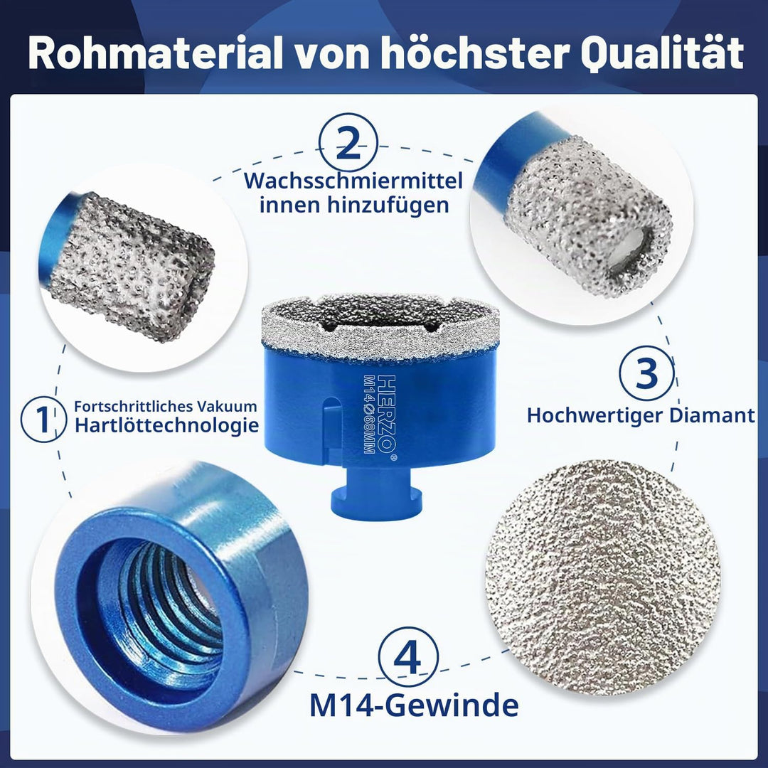 HERZO Diamant Fliesenbohrer 68mm, M14 Gewinde Trockenbohrer, Diamantbohrer Lochsäge, Diamant Bohrkro