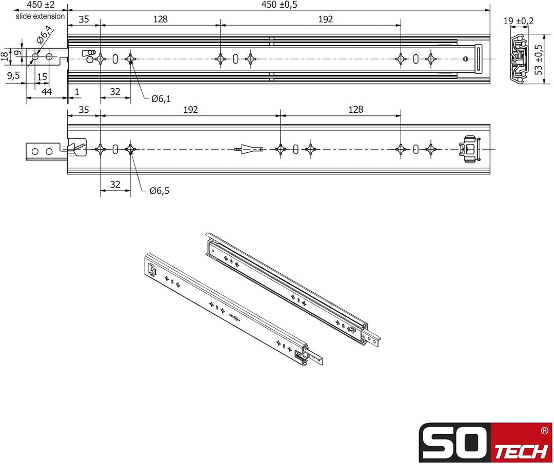 1 Paar SOTECH Schwerlastauszüge VarioSlide KV2-100-H53-L450-EH 450 mm mit Lock-in/out Einrastfunktio