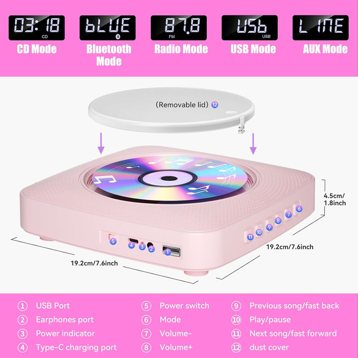 Gueray Desktop CD Player Bluetooth CD-Spieler mit Lautsprechern für Zuhause 1800mAh Tragbarer CD-Pla