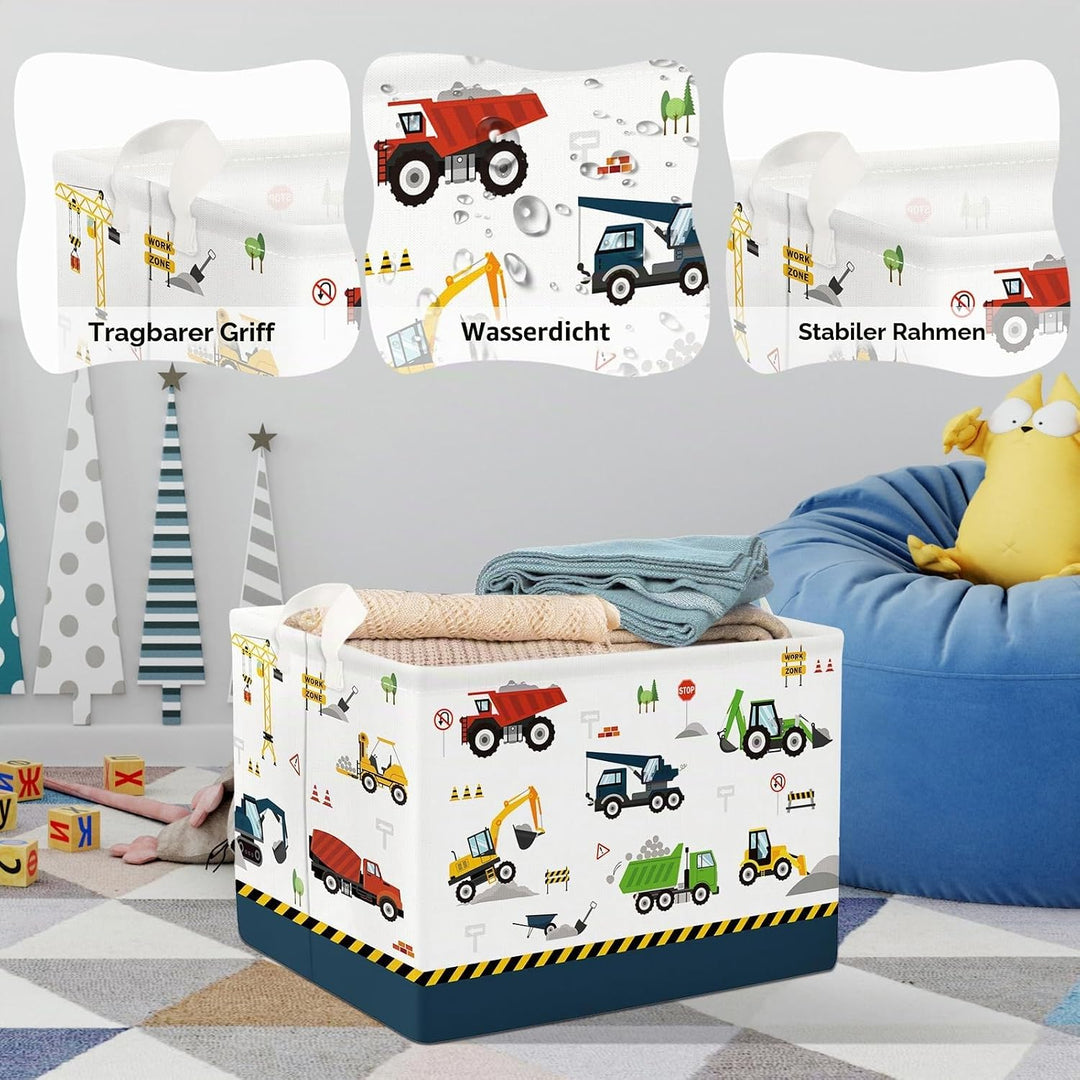 Clastyle Cartoon Bau LKW Jungen Würfel Aufbewahrungskorb für Babyzimmer Bagger Bulldozer Blau Wasser