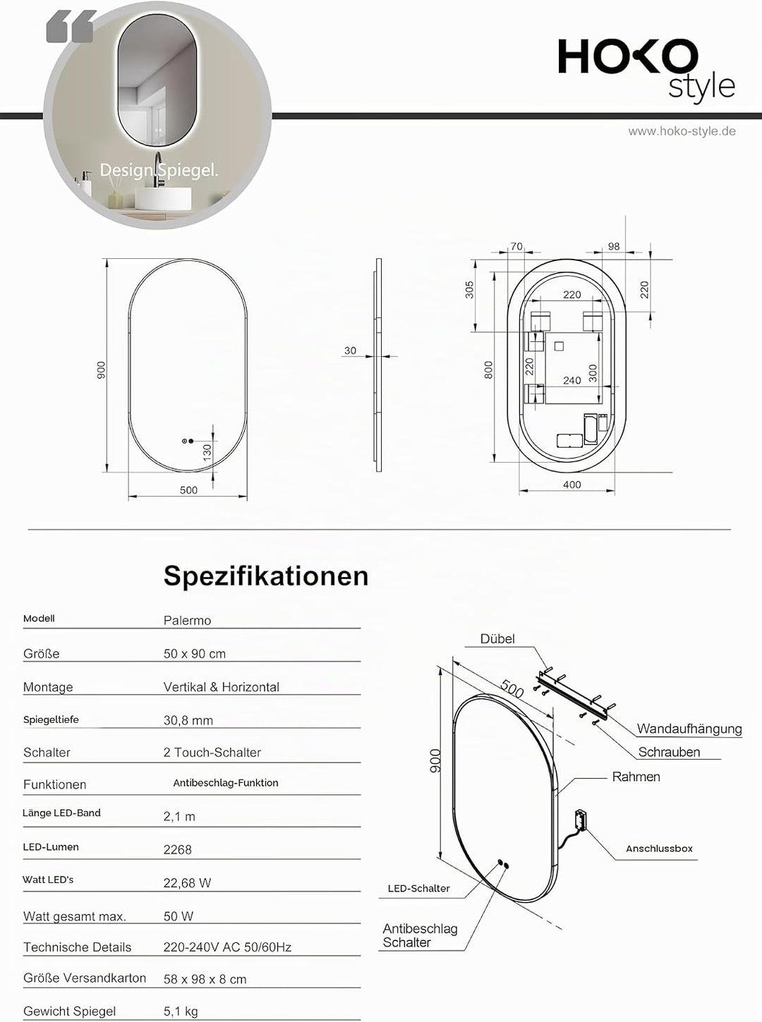 HOKO® Design LED ANTIBESCHLAG Spiegel oval 50 x 90 cm + Metall Rahmen Schwarz HOCH + QUER Montage mö