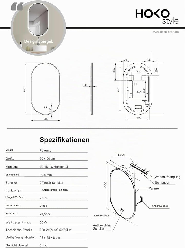 HOKO® Design LED ANTIBESCHLAG Spiegel oval 50 x 90 cm + Metall Rahmen Schwarz HOCH + QUER Montage mö