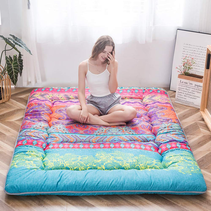 MAXYOYO Böhmische Retro Futon Matratze - Vintage Blumenmuster japanische Bodenmatratze - rollbar ver