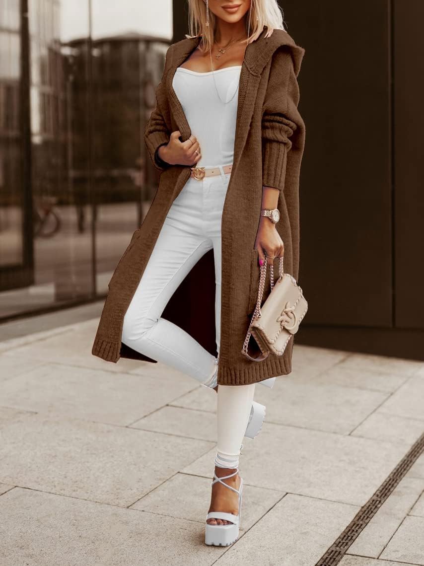 Tongmingyun Strickjacke Damen Lang Cardigan mit Kapuze Winter Grobstrickjacke Casual Lose Strickmant