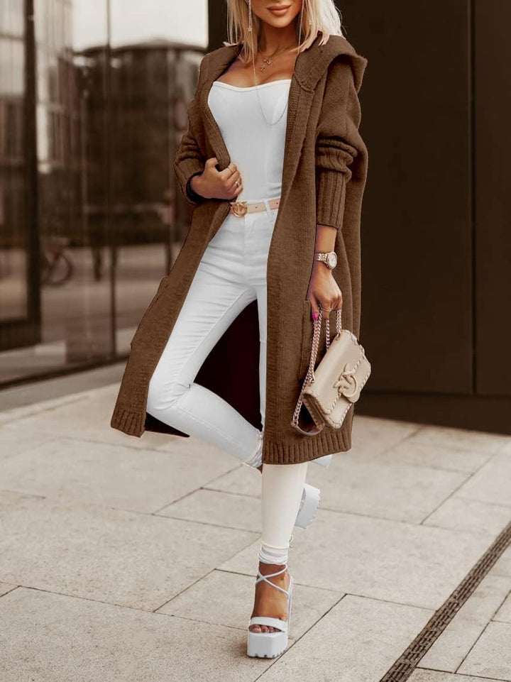 Tongmingyun Strickjacke Damen Lang Cardigan mit Kapuze Winter Grobstrickjacke Casual Lose Strickmant