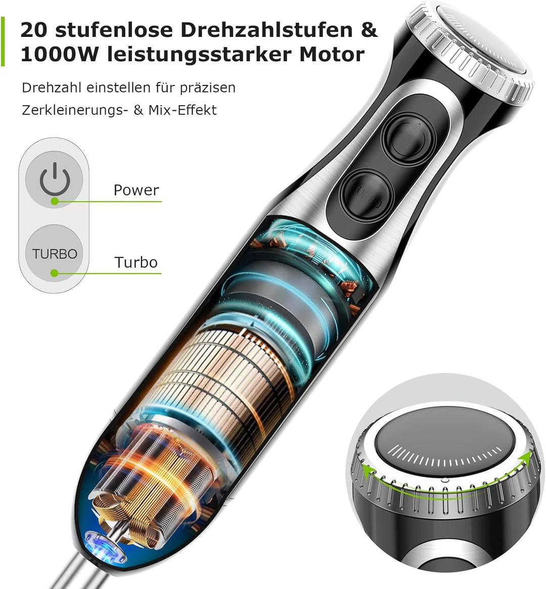 Bonsenkitchen Pürierstab, 4-en-1 Stabmixer Elektrischer, 1000W Stufenlos Geschwindigkeiten, Edelstah