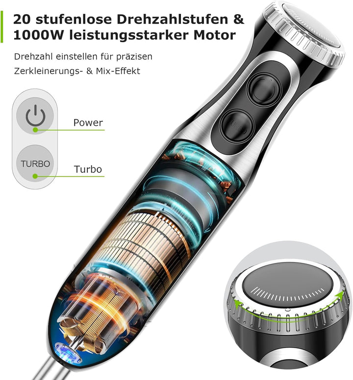 Bonsenkitchen Pürierstab, 4-en-1 Stabmixer Elektrischer, 1000W Stufenlos Geschwindigkeiten, Edelstah